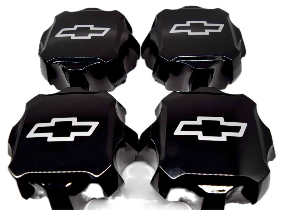 4 New Chevy Silverado 2500 3500 Center Caps Black with Chevy Vinyl logo