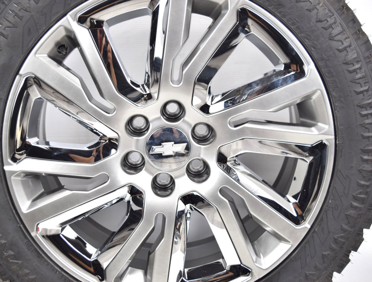 22" Chevy Silverado Tahoe OEM Silver and Chrome Rims Wheels Tires 23377419 XT